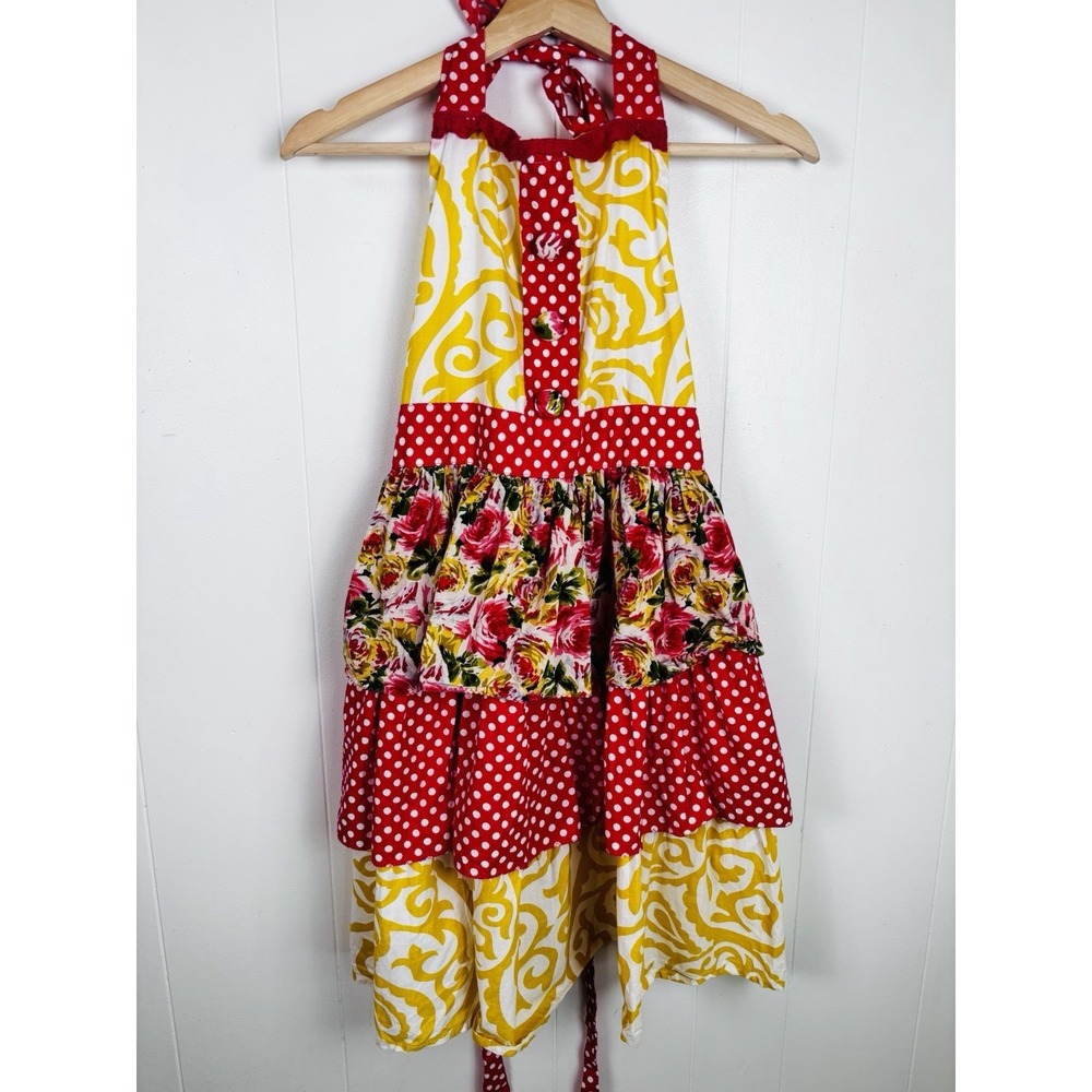 Pier 1 Imports Apron Tiered Floral Ruffles Colorful Dark Hot Pink Yellow Cotton